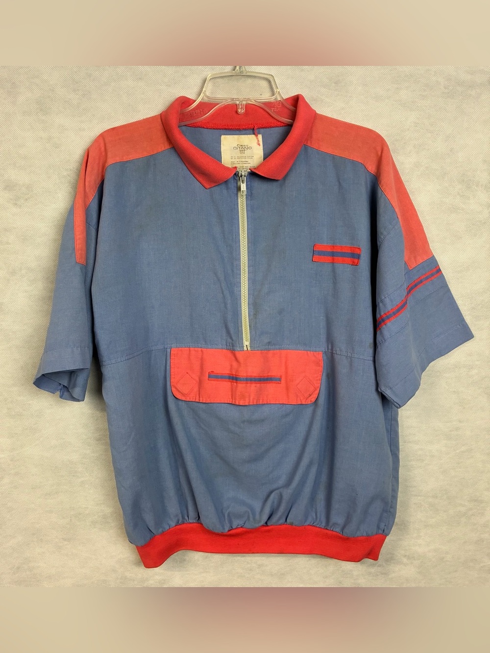 Vintage Classic Gitano Wear Zip Shirt Men Medium Blue Pink Color Block Polo Flaw
